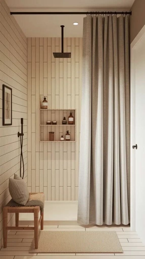 Grey pleated fabric shower curtain in a modern walk-in shower with beige tiles.