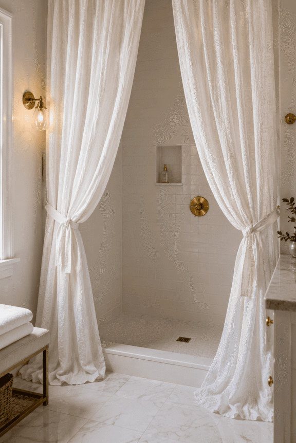 White walk-in shower with white fabric curtains tied back on a gold rod.