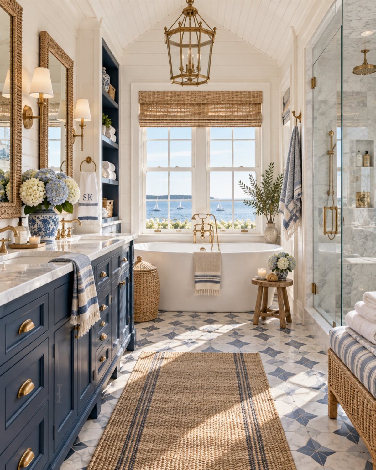 Navy blue vanity and star-patterned floor tiles in a bright white bathroom.