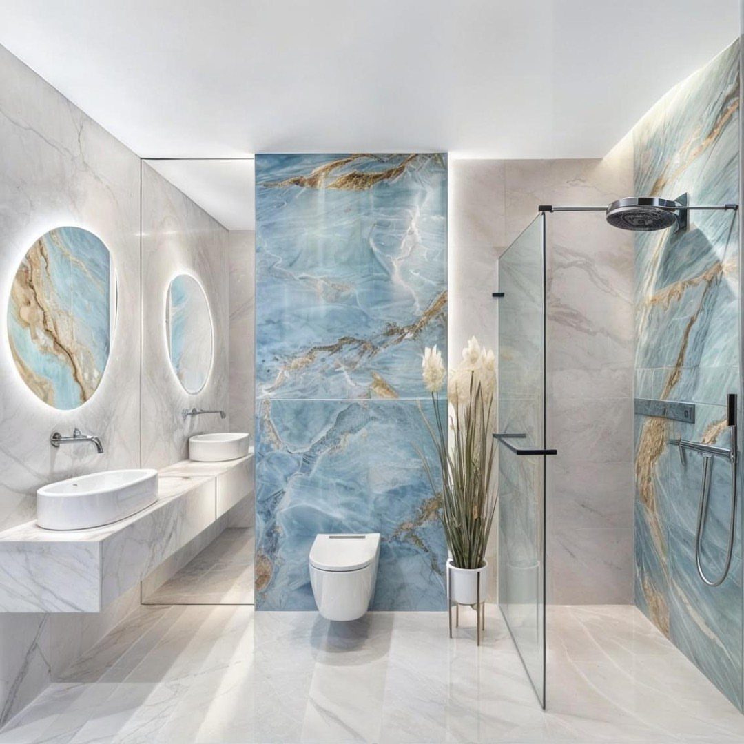 Modern bathroom with blue and gold veined marble walls and white vessel sinks.