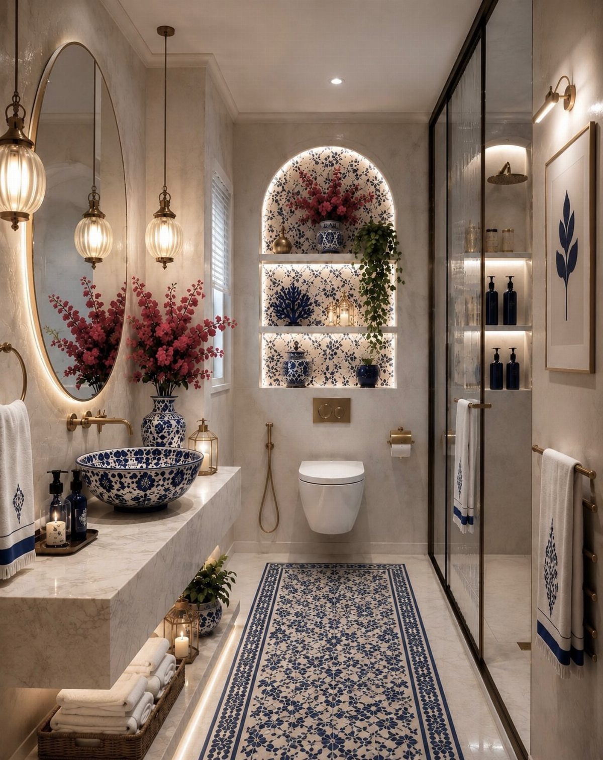 Luxury bathroom with blue and white mosaic tiles in an arched wall niche.