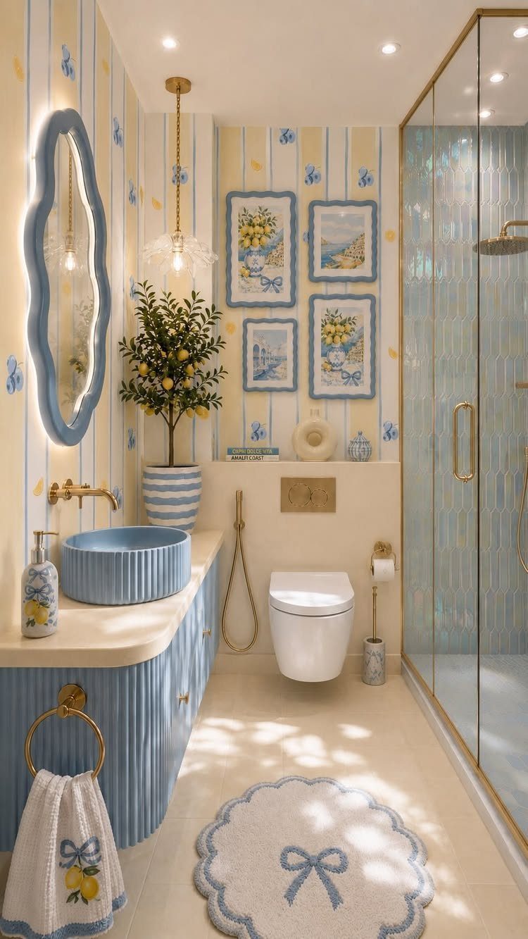 Blue fluted vessel sink in a bathroom with blue and white striped wallpaper.