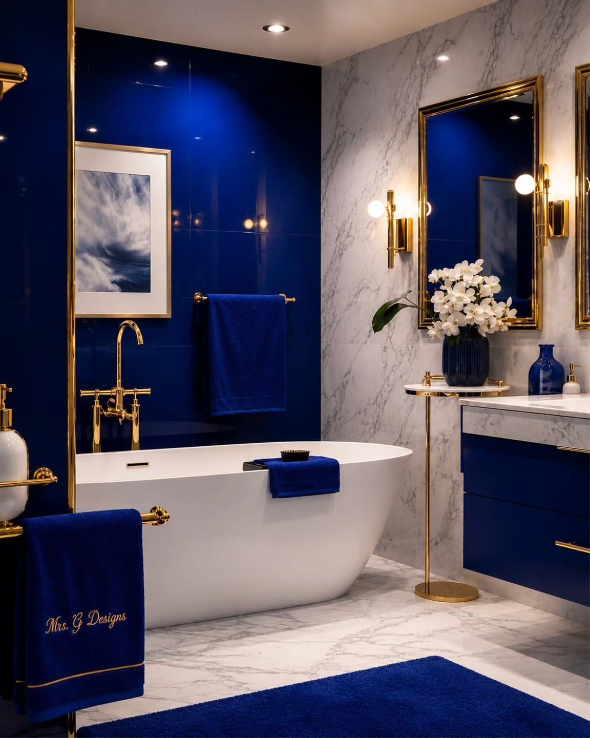 Luxurious bathroom with deep blue glossy walls, white freestanding tub, and marble floors.