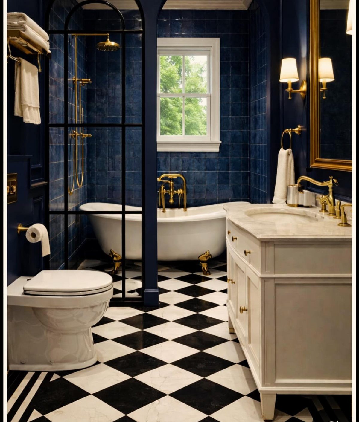 Navy blue tiled bathroom with white clawfoot tub and checkered marble flooring.