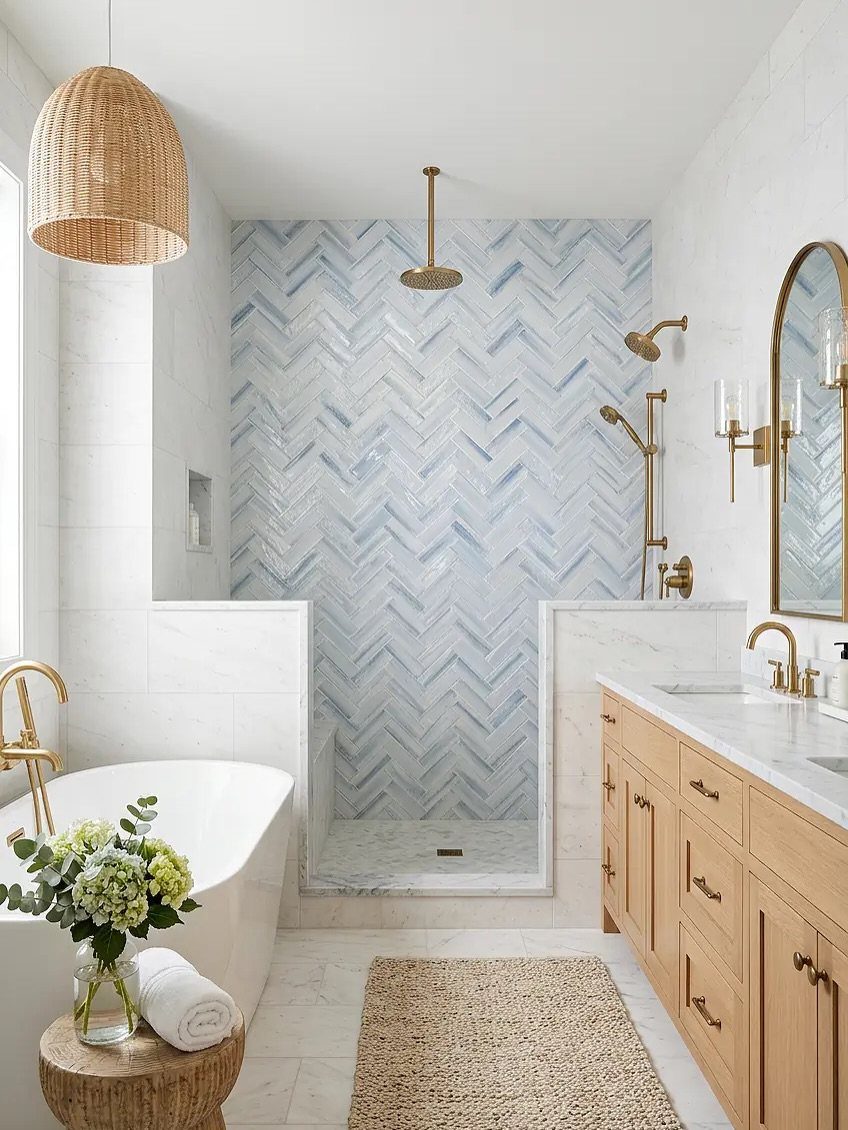 White freestanding bathtub and shower with blue herringbone tiles in a bright bathroom